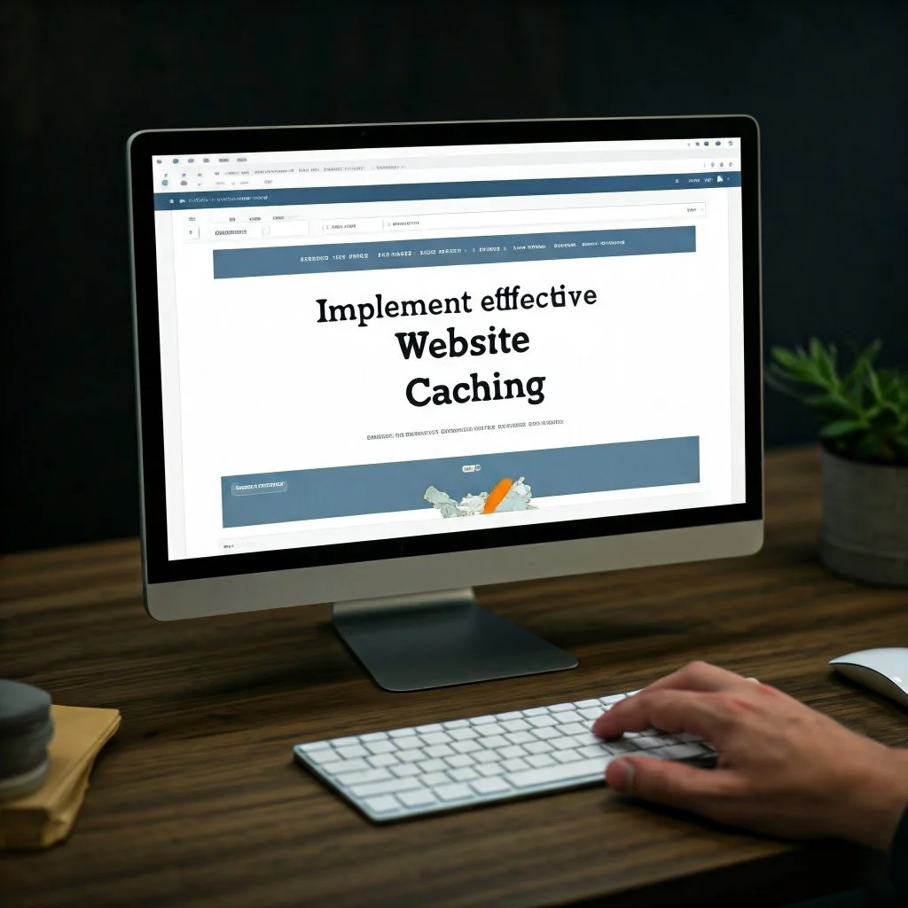 A person working on a computer, with the screen displaying the text "Implement Effective Website Caching" on a web page.